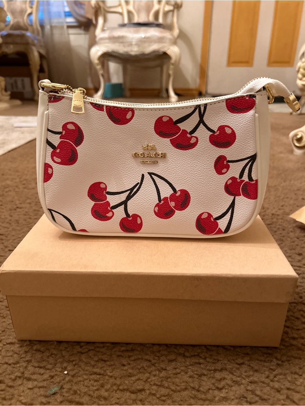 Coach White Cherry Print Crossbody Wristlet